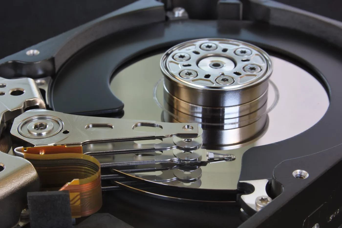 Close-up of the platters and read heads of a hard disk
