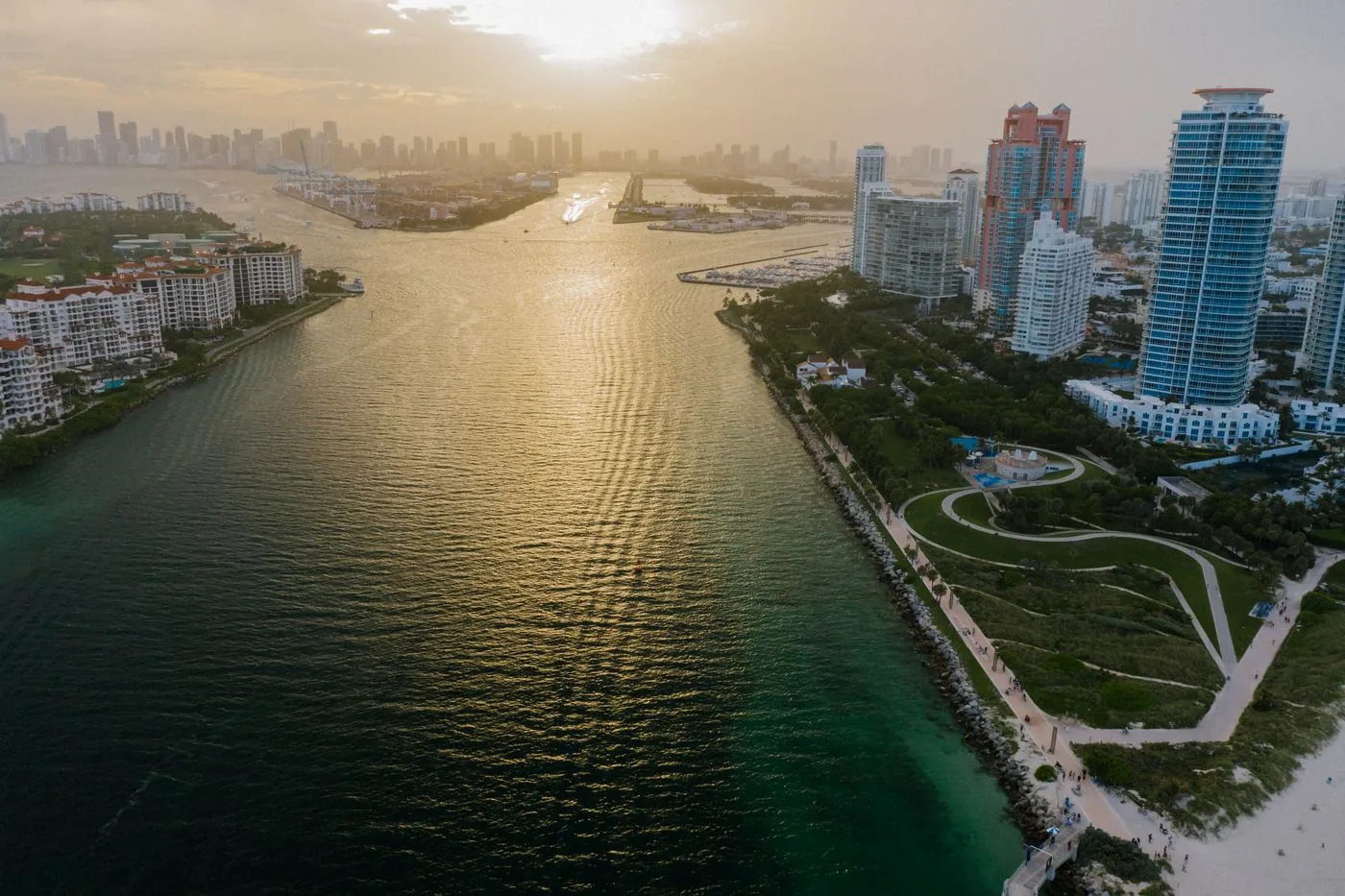 Miami waterfront and skyline at sunset